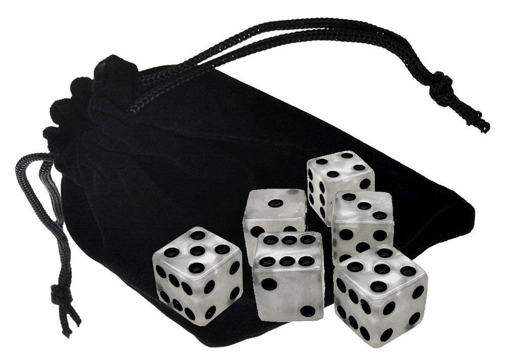 Set (6) 16mm 6-Sided D6 Pearl Marbleized Squared Corners Dice + Pouch