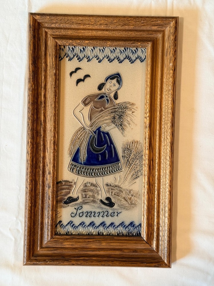 GERMANY 4 SEASONS FRAMED CERAMIC TILE 4PC SIGNED HAND CRAFTED ETCHED WALL ART