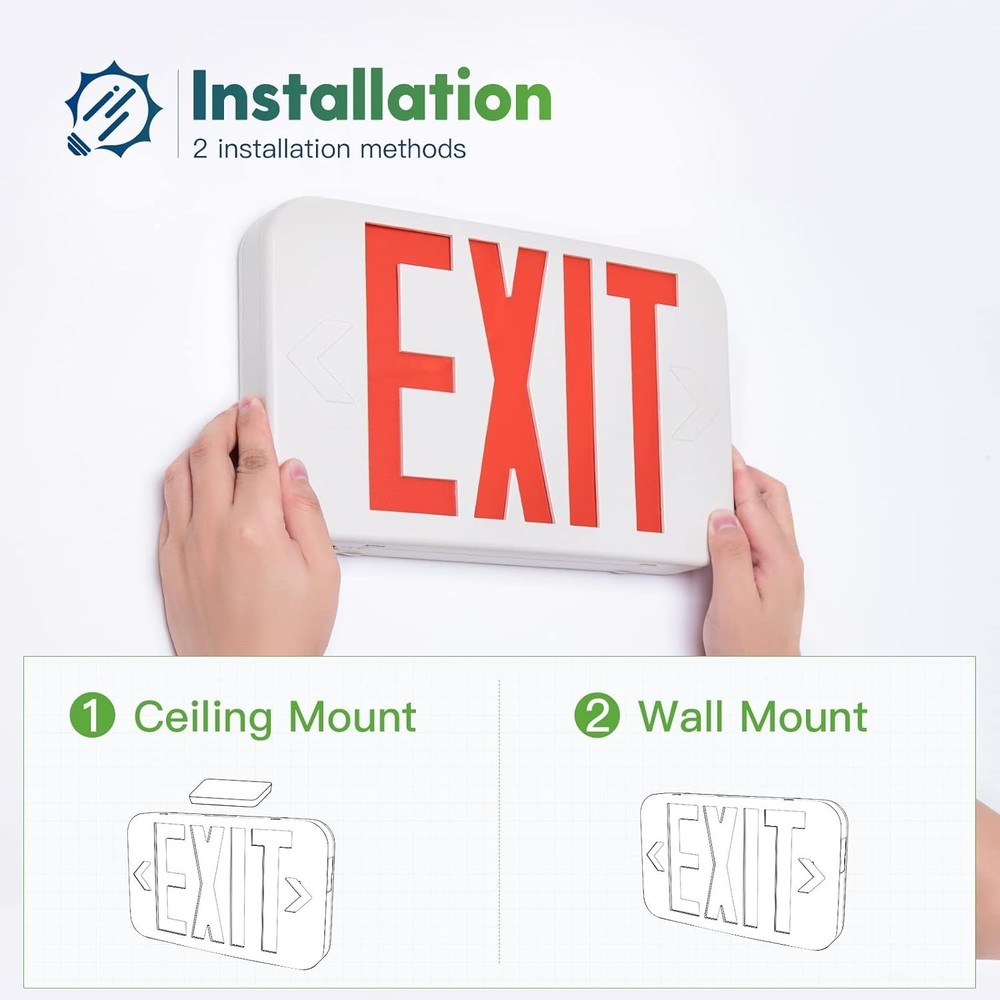Double-Sided LED Exit Sign Set with Battery Backup and Easy Installation Options