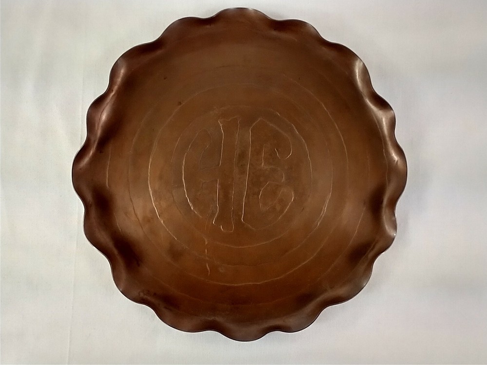 Vintage Solid Copper Dish Monogramed HE 9 3/4 in diameter 1/2 in high