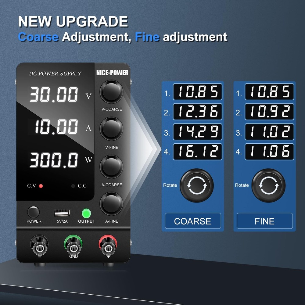 DC Power Supply Variable 30V 10A, Adjustable Switching Regulated DC Bench Power
