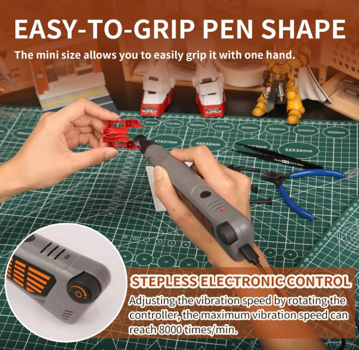 Cordless pen sander, variable speed, USB charge, LED, multi-purpose tool