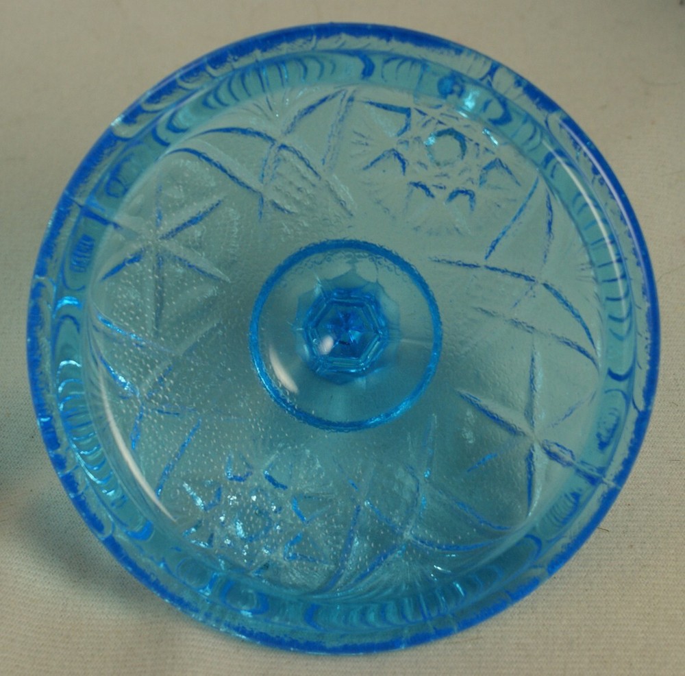 Kemple Blue Pressed Glass Covered Jar Yutec Pattern