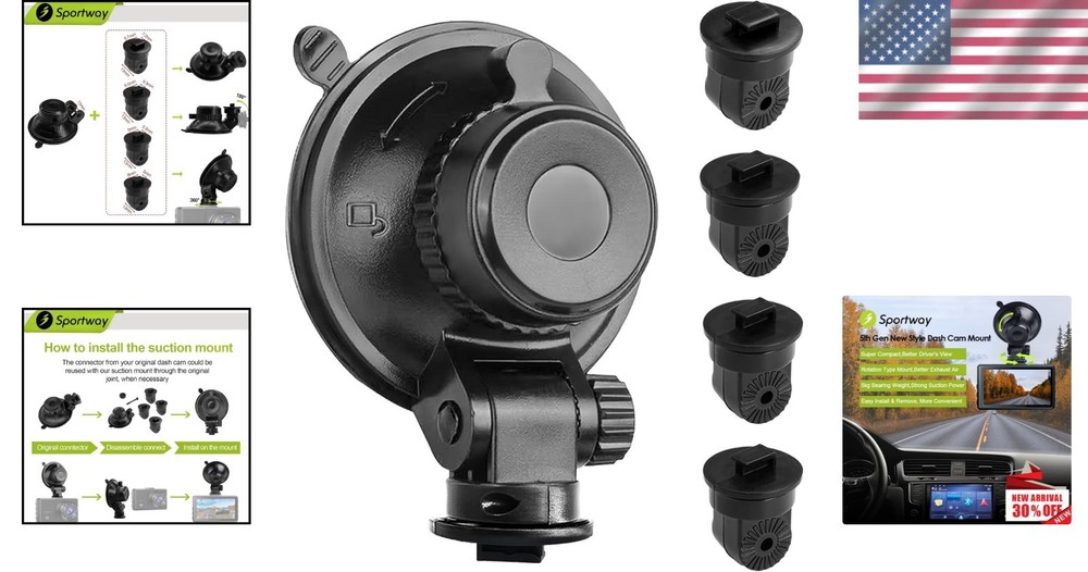 S504 5th Gen Suction Cup Dash Cam Mount - 360° Rotation, Compact Design