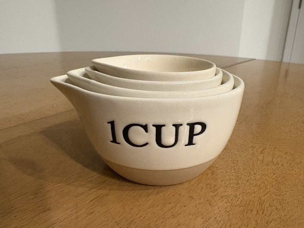 Ceramic Measuring Cup Set White & Beige Nesting 4pc w/ Pour Spouts