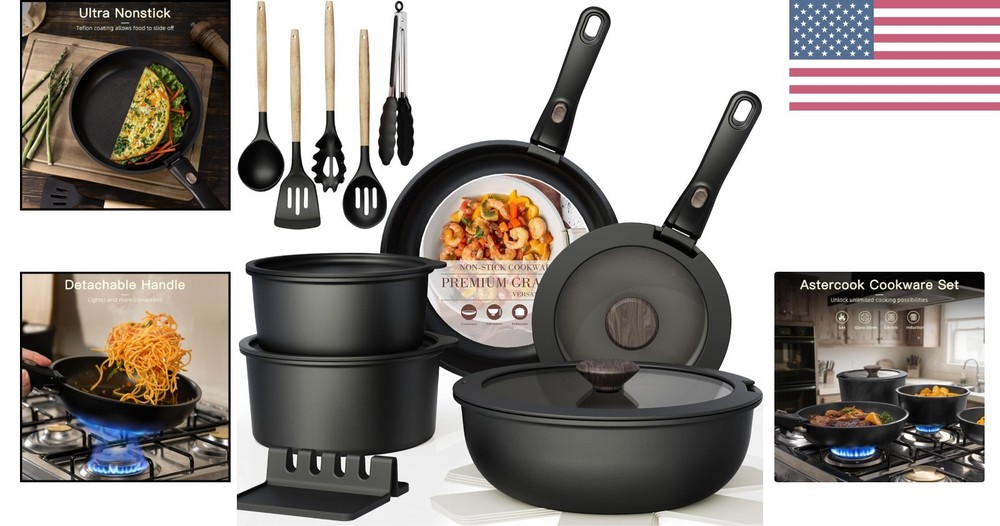 21-Piece Non-Stick Ceramic Cookware Set with Removable Handle - Induction Ready