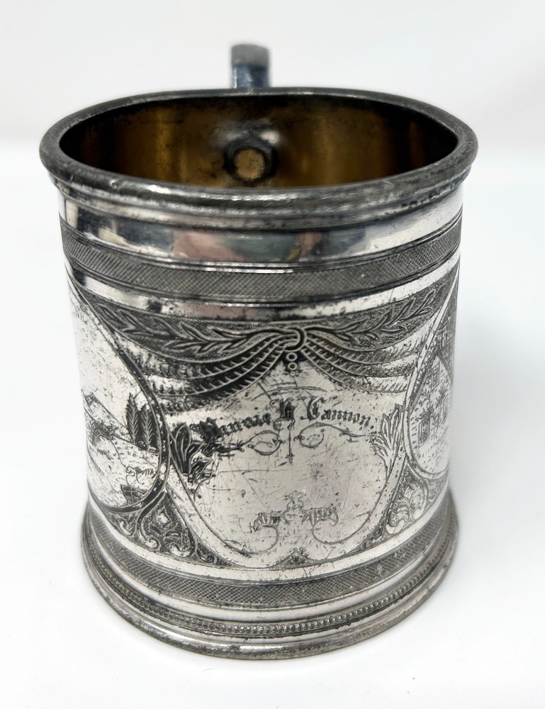Reed & Barton Silver Plate #64 Mug Cup Handle Landscape Engraved 3x2.75" 6oz