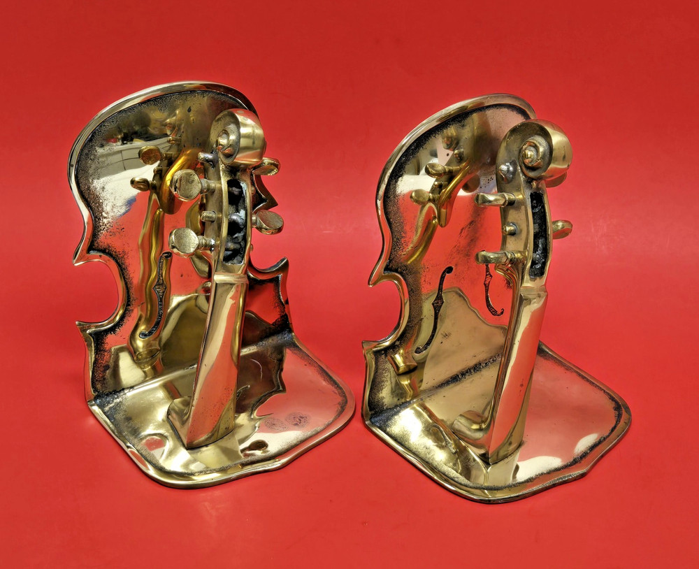 2 Vintage 1992 Solid Brass Bookends Violin ~ Cello Instruments ~ Made in KOREA ~