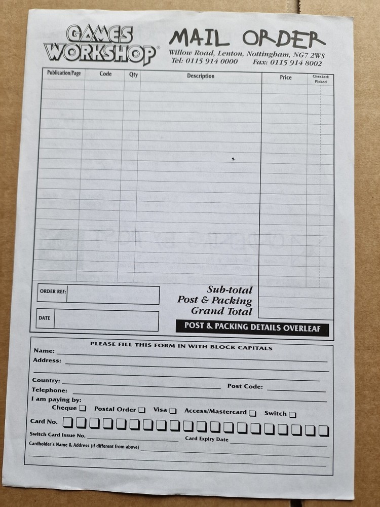 Classic Games Workshop Mail Order form & envelope - GW memorabilia- Oldhammer