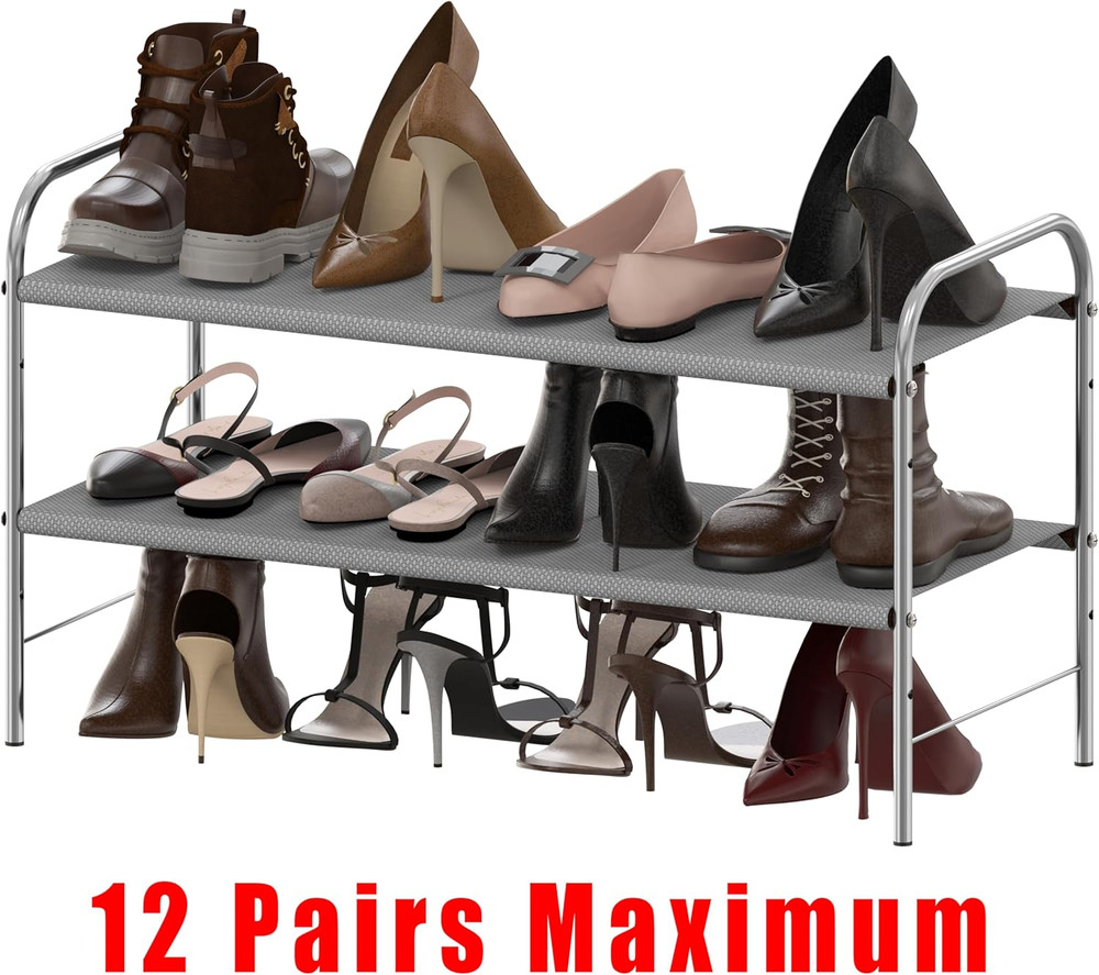 2-Tier Shoe Rack Storage Organizer, Grey