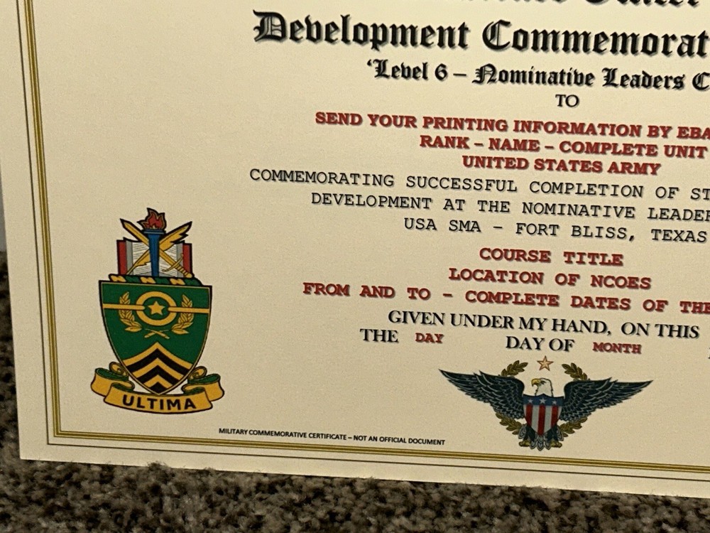NCO PROFESSIONAL DEVELOPMENT LV-6 COMMEMORATIVE CERTIFICATE ~ W/PRINTING TYPE-1