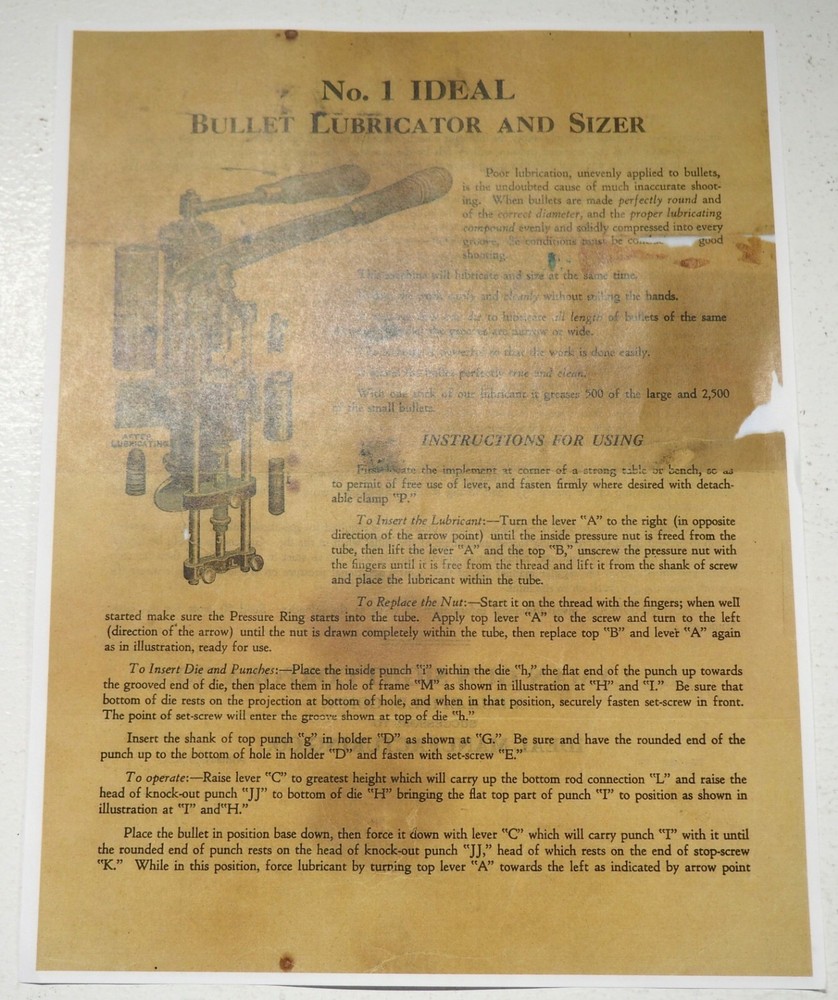 Ideal No.1 Lubricator & Sizer Instruction Sheet