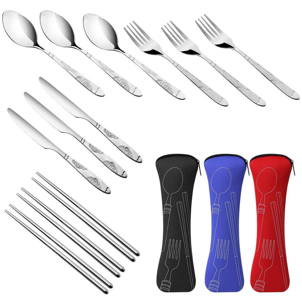 3 Pack Reusable Flatware Sets Knife Fork Spoon Chopsticks 12pcs Portable Travel