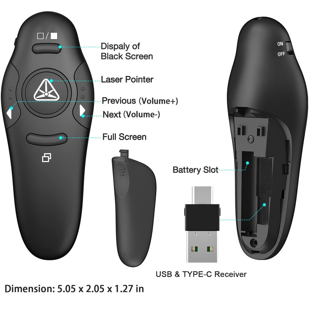 2-in-1 USB Presentation Clicker Wireless Presenter Remote with Laser Pointer,...