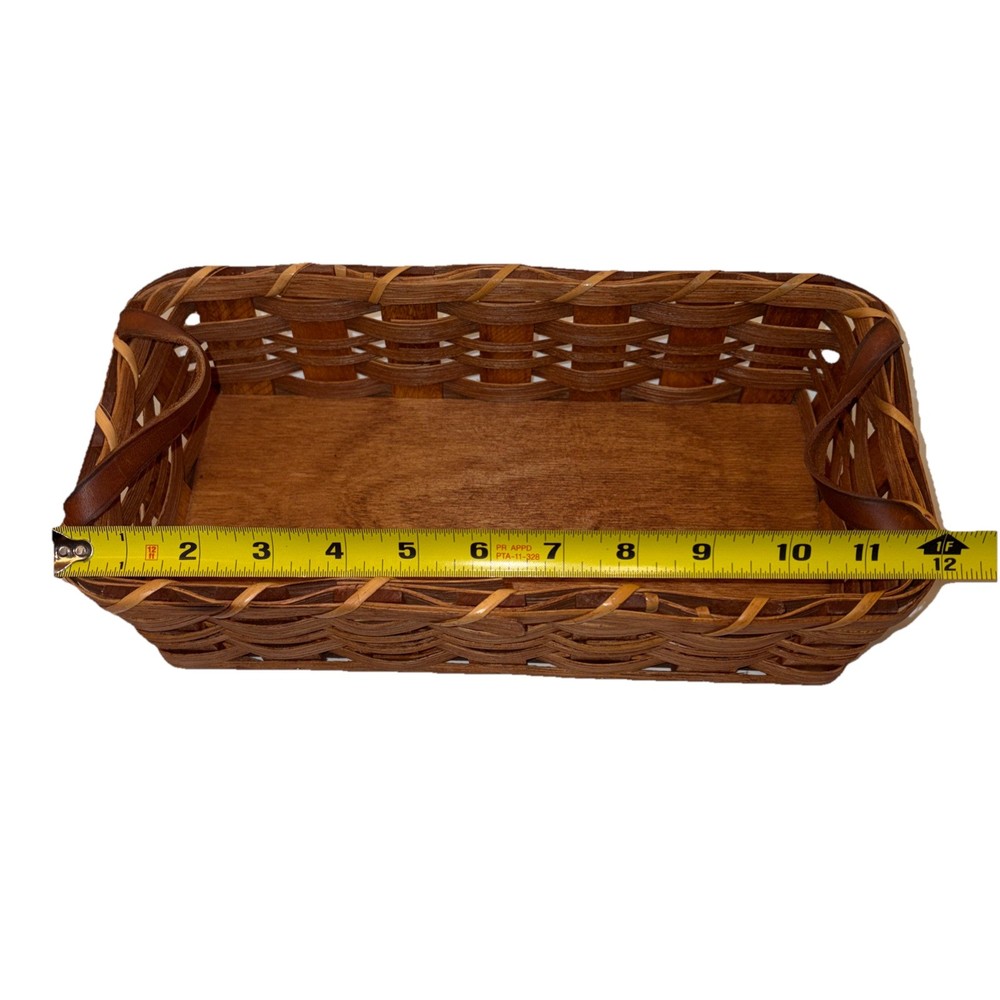 Amish Handmade 12" Bread Desk Basket W/ Leather Handles Solid Oak Bottom Signed