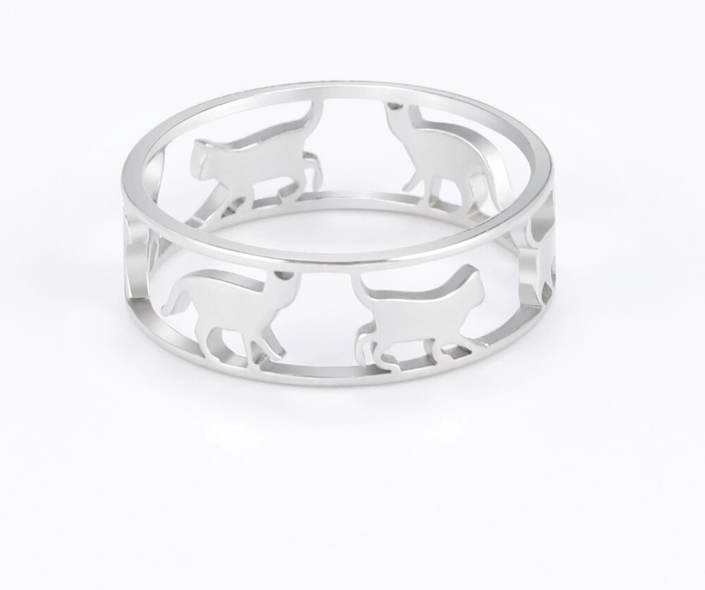 Stainless Steel Walking Cat Ring