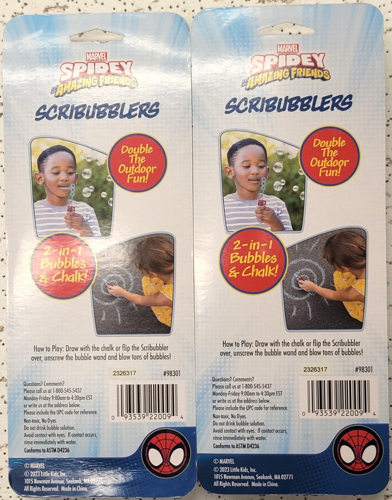 2 Double Packs Disney Marvel Scribubblers Chalk & Bubble Toy Spidey