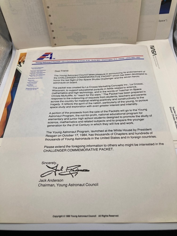 Young Astronauts The Challenger Commemorative Packet 1986