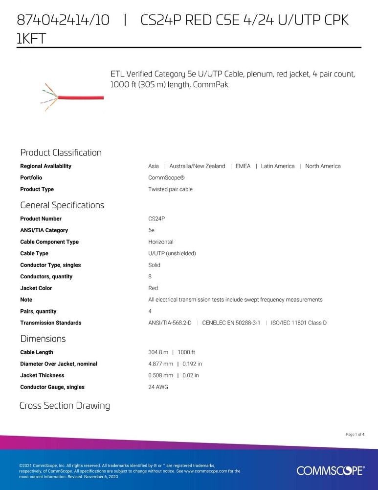 Commscope CS24P 24/4P Cat5E U/UTP WebTrak Plenum Network Cable CMP Red /100ft