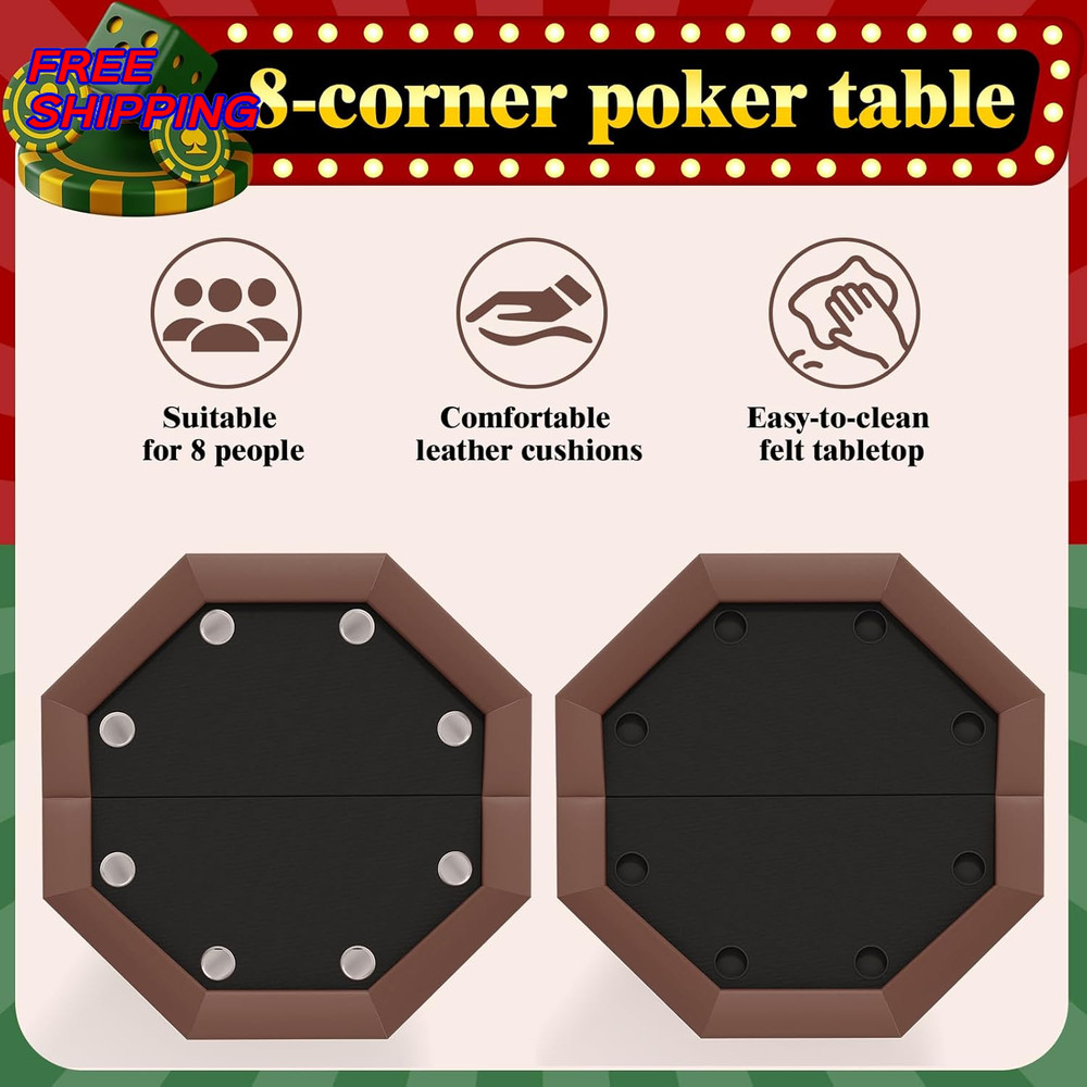 8 Player Poker Table Octagon Foldable Card Table with Locking Collapsible Legs