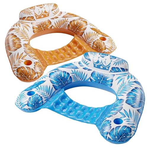 Inflatable Pool Float Chair - 2 Pack Pool Floaties Large TropicalBlue+Gold