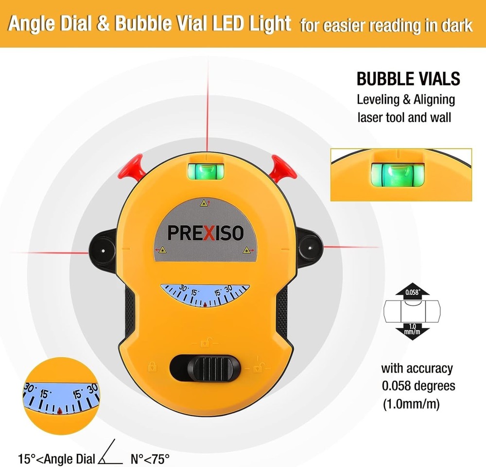 PREXISO Multi Surface Laser Level LED Light Vial 30Ft Horizontal & Vertical
