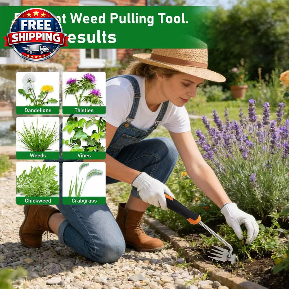 Weed Puller Tool, 2-In-1 Hand Weeder Tool with 4 Sharp Tines & Blade, Manganese