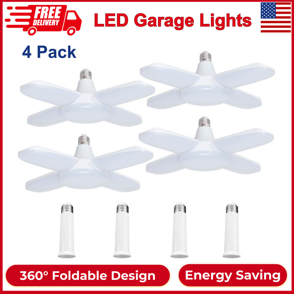 4 Pack LED Garage Lights, 6000LM 60W Deformable Shop Light W/ 4 Adjustable Panel