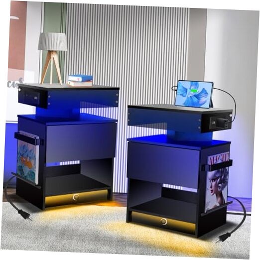 Nightstand with Induction Light & Side Charging Station, Modern Bedside Table