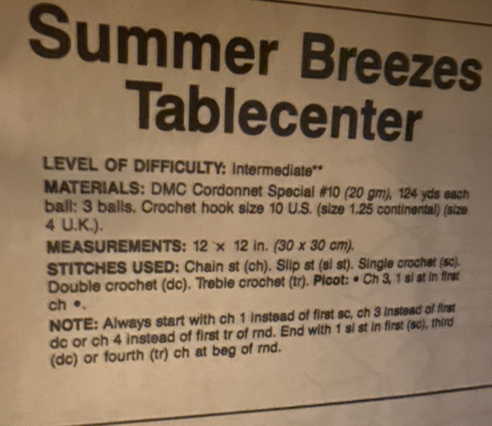 ~Crochet-Summer Breeze Table center -Pattern Only~
