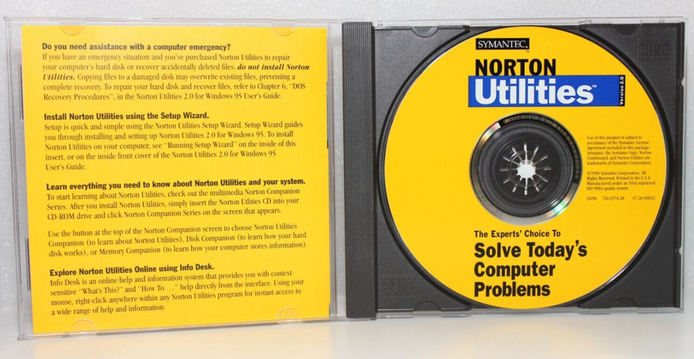 SYMANTEC NORTON UTILITIES VERSION 2.0 WINDOWS 95 VINTAGE SOFTWARE