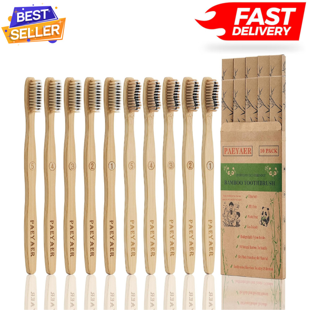 Bamboo Toothbrushes 10 Pack Biodegradable Soft Medium Charcoal Bristles