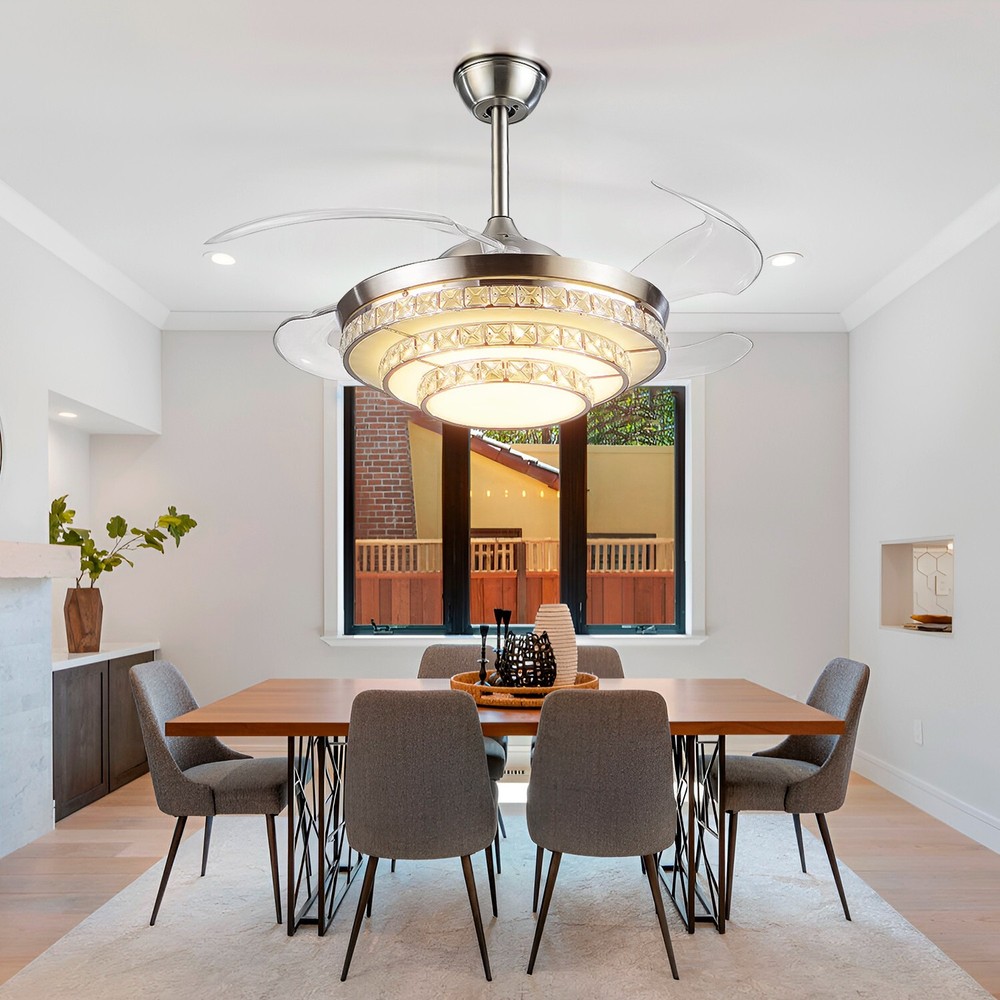 42 inches Silver 3-Ring Crystal Fan Ceiling Light