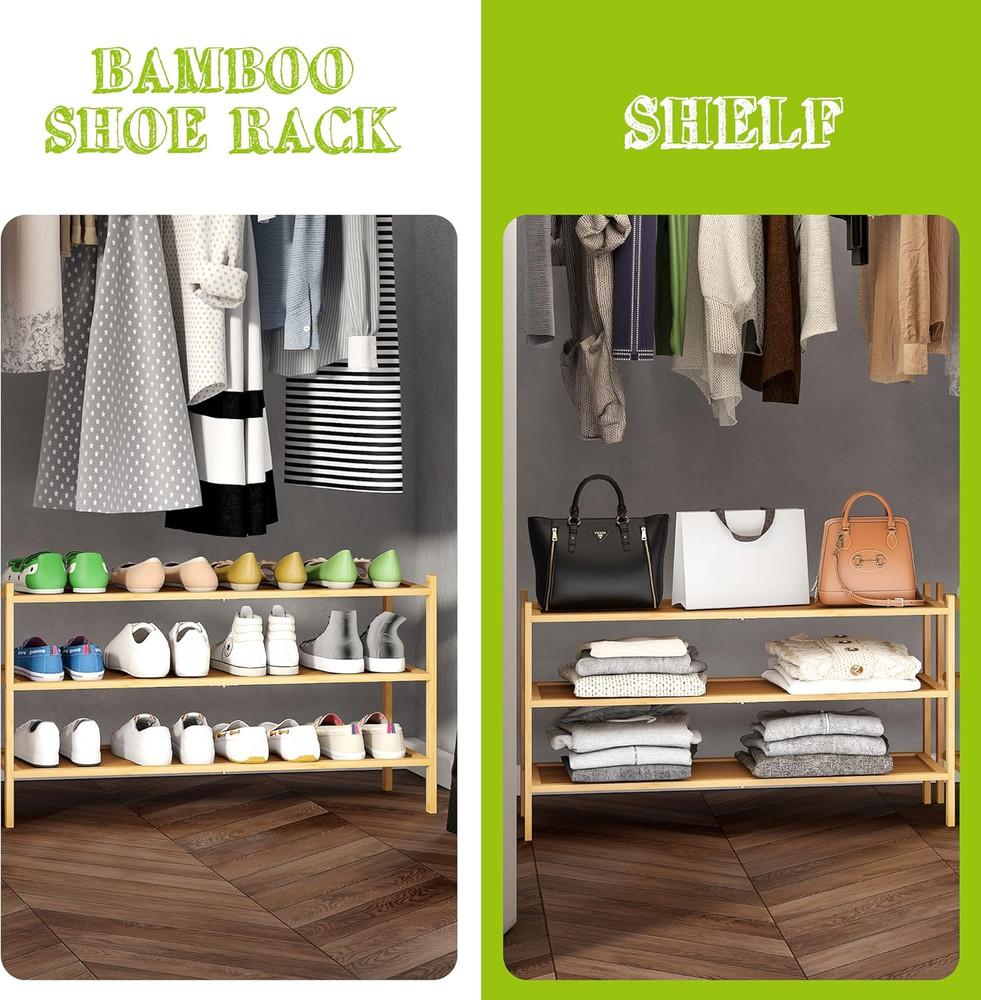 3-Tier Bamboo Extended Shoe Rack Premium Stackable Shoe Shelf Storage Organizer