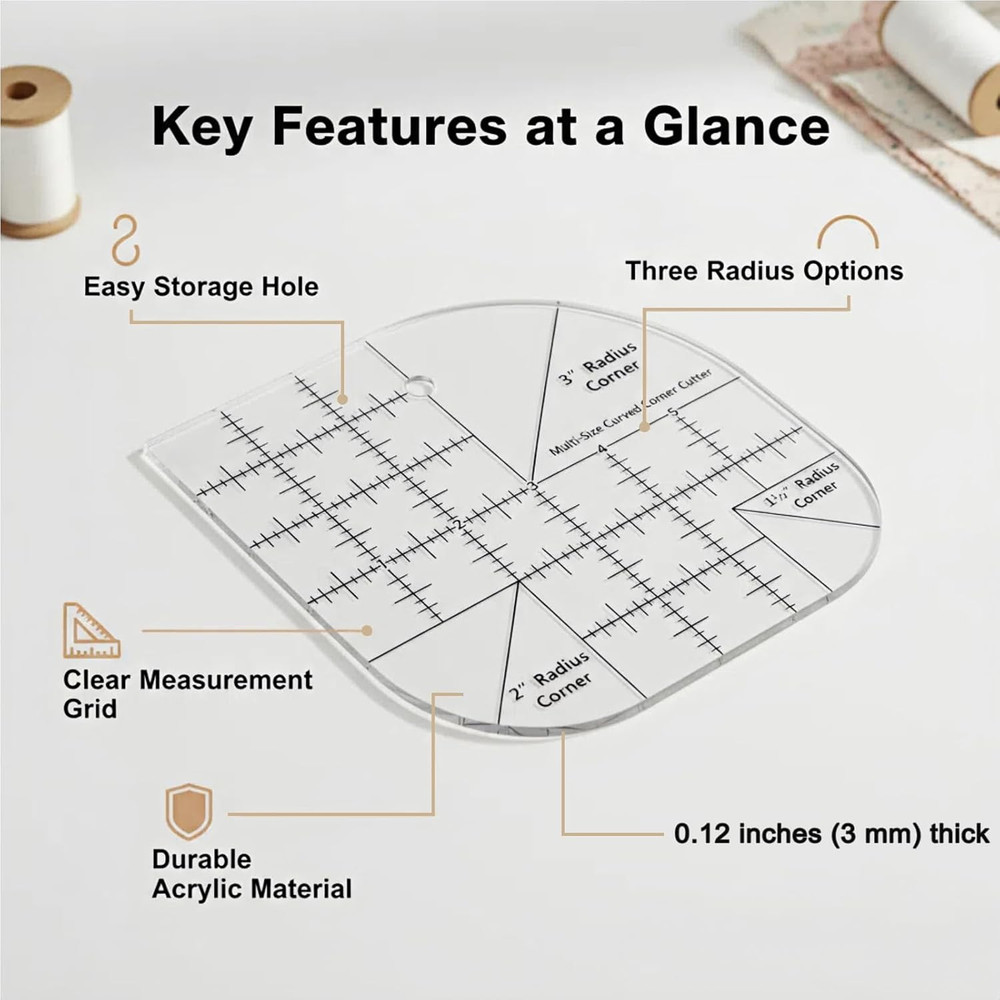 Curved Corner Cutter Ruler for Quilting and Patchwork Templates