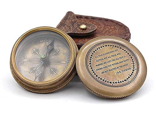 Solid Brass Gift Compass with Leather Case – Engraved Tolkien Quote “Not All