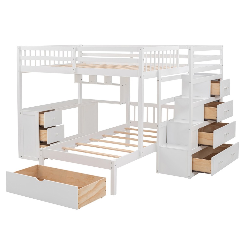 Twin Bunk Bed with Desk, Drawers & Bookcase, White Solid Wood Storage