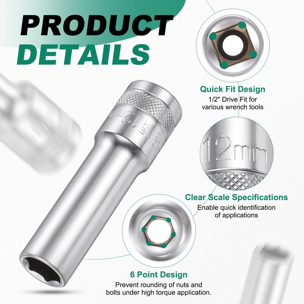 2pcs 6 Points Deep Socket 1/2" Drive 12mm Nickel Plating Hex Socket 3.1" Long