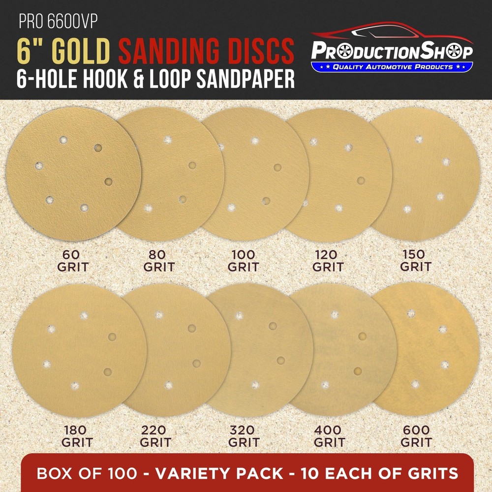 Premium 6" Gold Sanding Discs, 6-Hole Pattern, 100 Disc Variety Pack, Grits