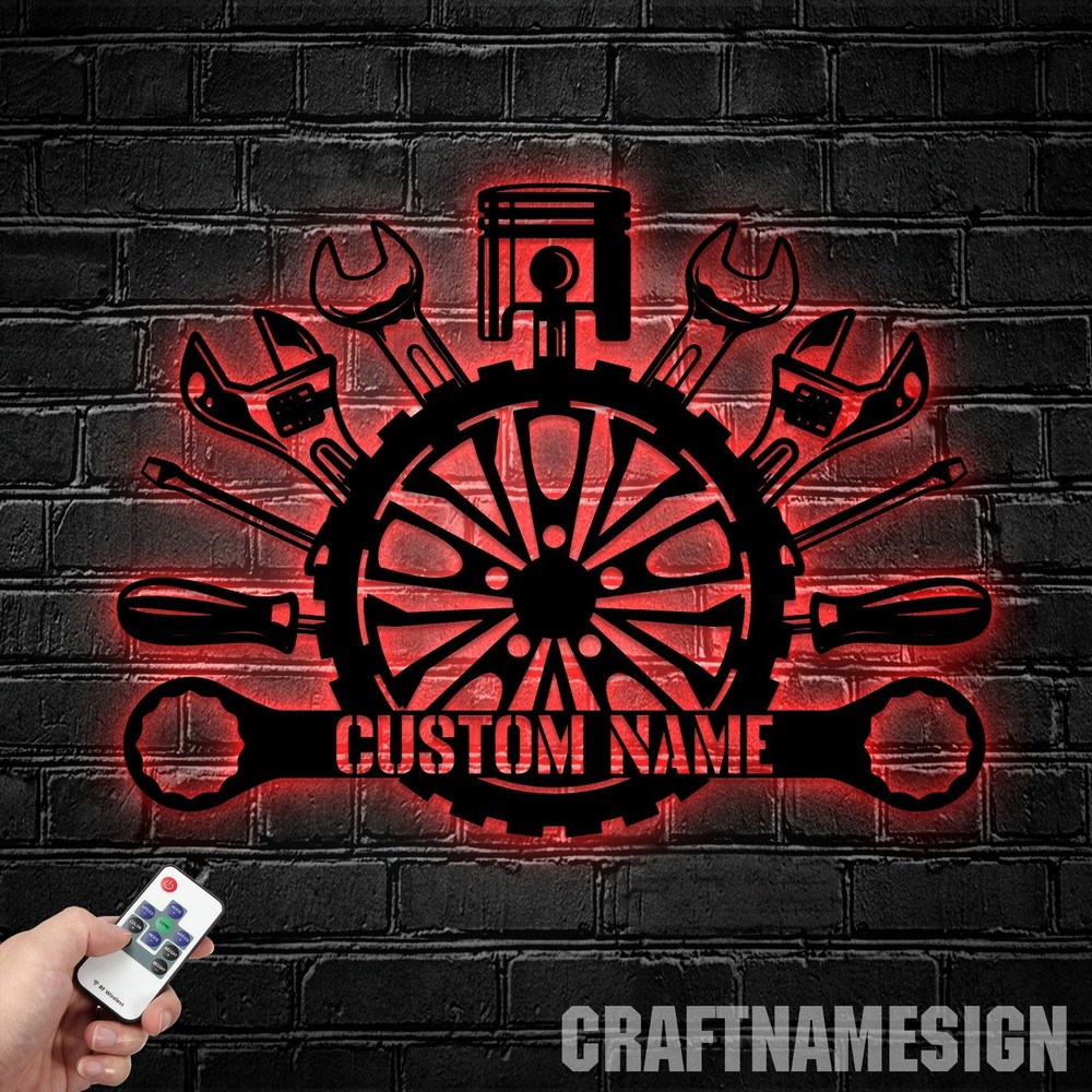 Custom Mechanic Tools Metal LED Sign, Personalized Garage Name