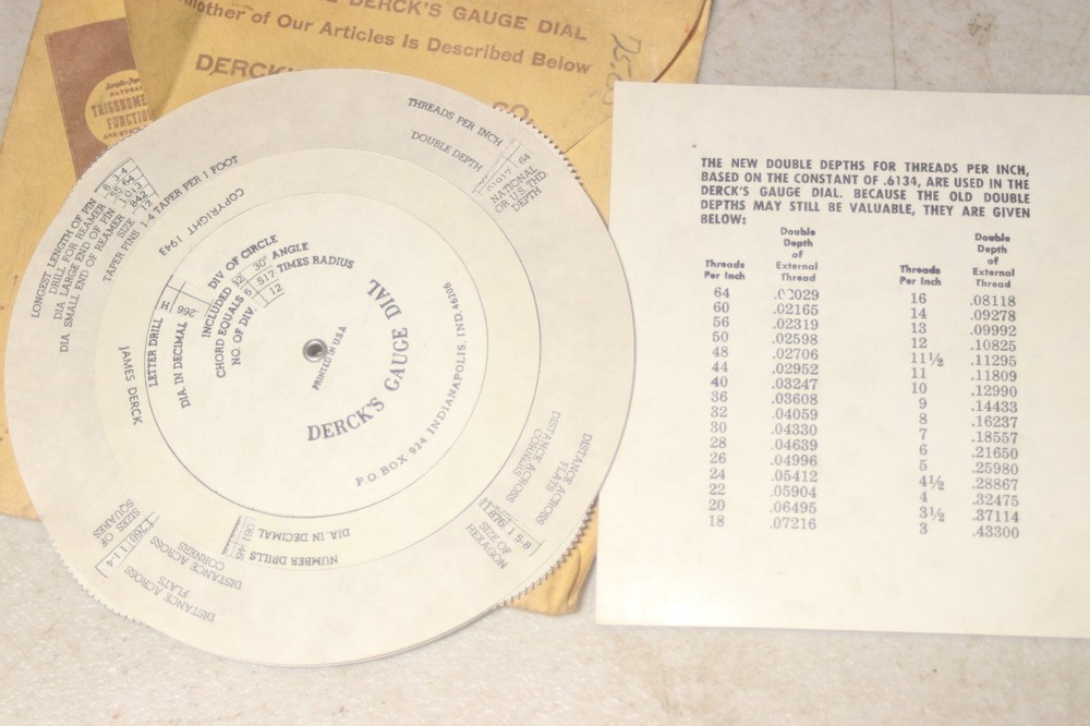 Vintage Derck's Gauge Dial Drill Sizes Threads Tapers & Angles