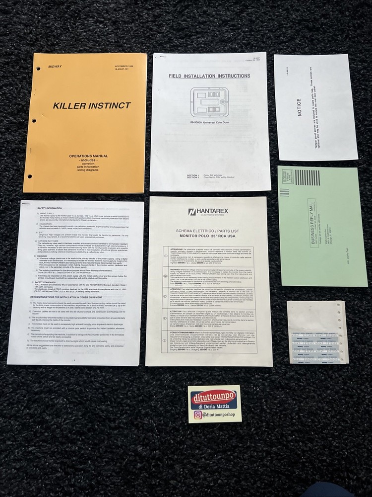 (ORIGINAL MANUAL ) KILLER INSTICT JAMMA PCB ARCADE