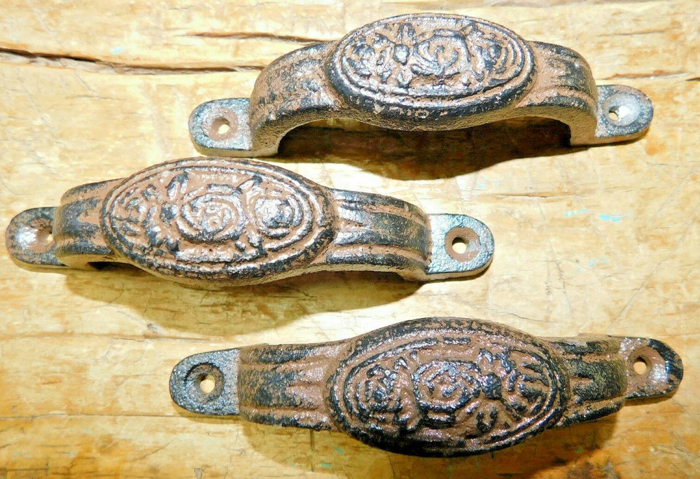 3 Cast Iron Antique Style OVAL ROSE Strap Barn Handle Gate Pull Door Handles