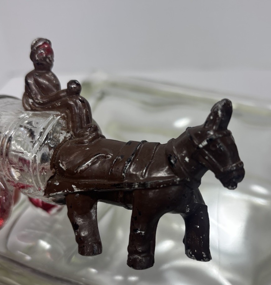 Glass CandyContainer Donkey Pulling Wagon with barrel 1930’s Victory Glass