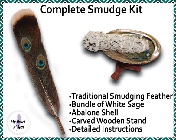 COMPLETE SMUDGE KIT ABALONE SHELL STAND SAGE FEATHER ENERGY CLEANSING CLEARING