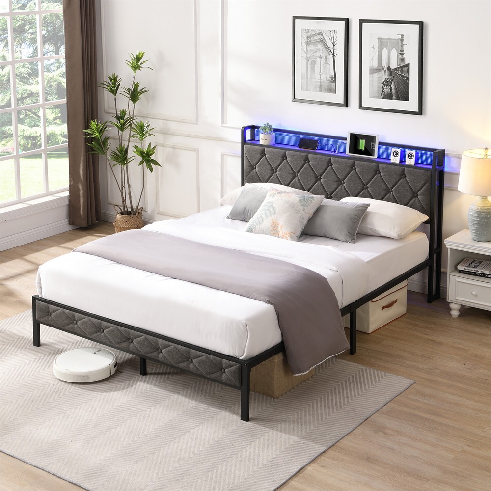Full Size LED Bed Frame w/ Headboard & USB Port Upholstered Platform Bed Frame