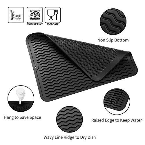 Silicone Dish Drying Mat for Multiple Usage,Easy clean,Eco L (16"×12") Black