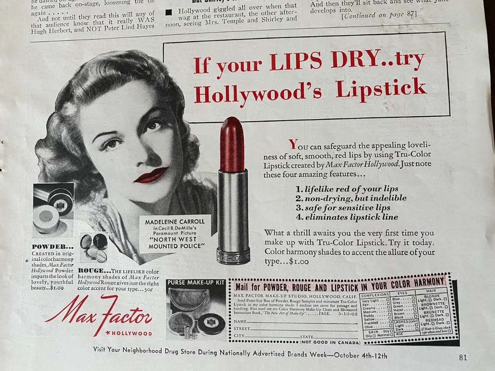 Madeleine Carroll, Max Factor Lipstick, Half Page Vintage Print Ad