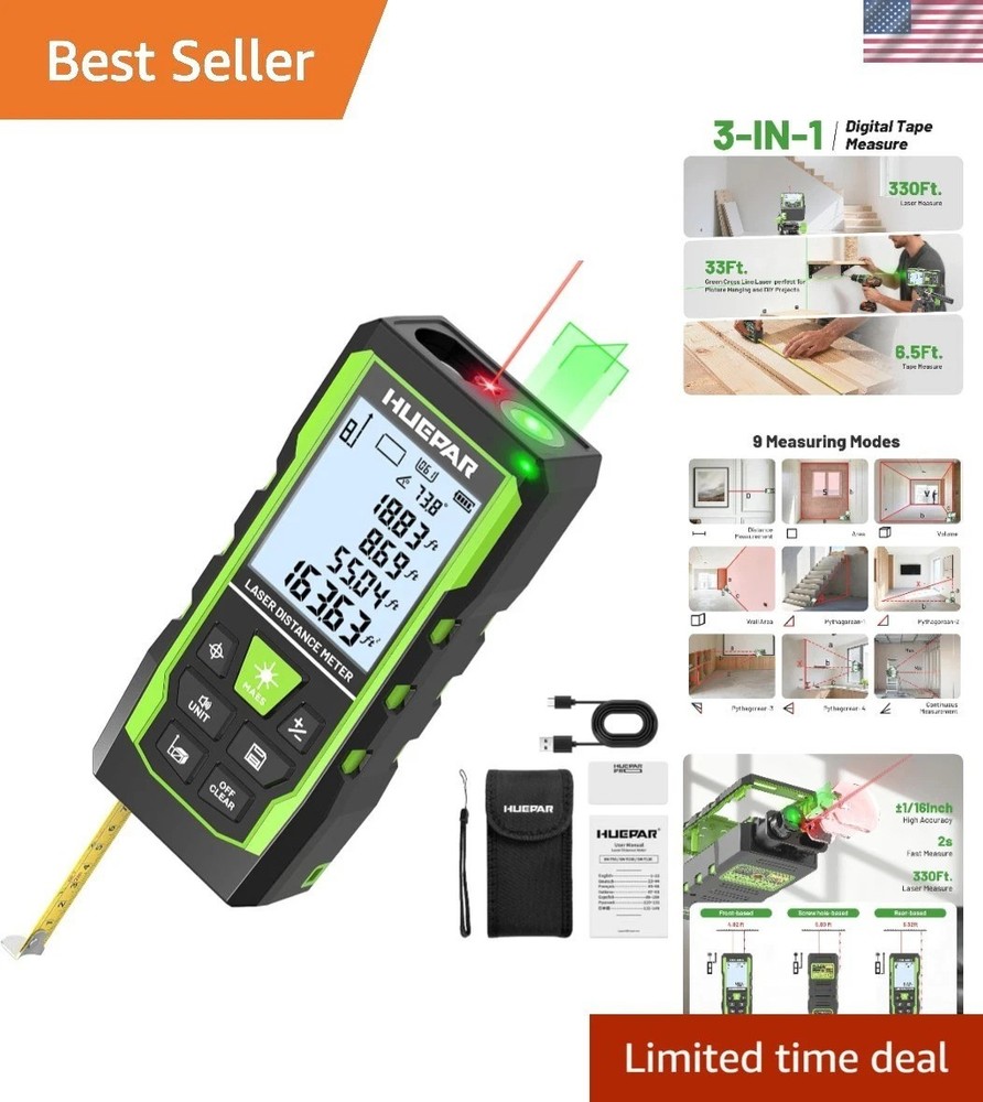 Versatile 3-in-1 Laser Measurement Tool - 330ft Range, Rechargeable & Rugged