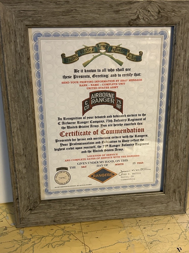 U.S. ARMY RANGER - C CO / 75 INFANTRY COMMENDATION CERTIFICATE (COMMEMORATIVE)